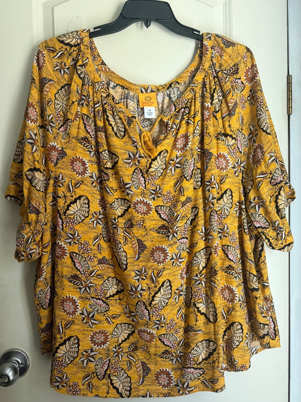 Ruby Rd. Rayon/linen 3X Mustard Floral Leaf‎ Print Peasant Tunic top tropical